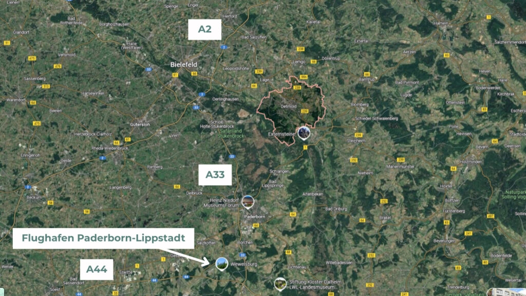 Zentrale Lage Detmolds in OWL: Verbindungen über A33 Richtung Bielefeld / Paderborn, A2 Richtung Ruhrgebiet / Hannover, A44 Richtung Ruhrgebiet / Kassel und Lage Flughafen Paderborn-Lippstadt