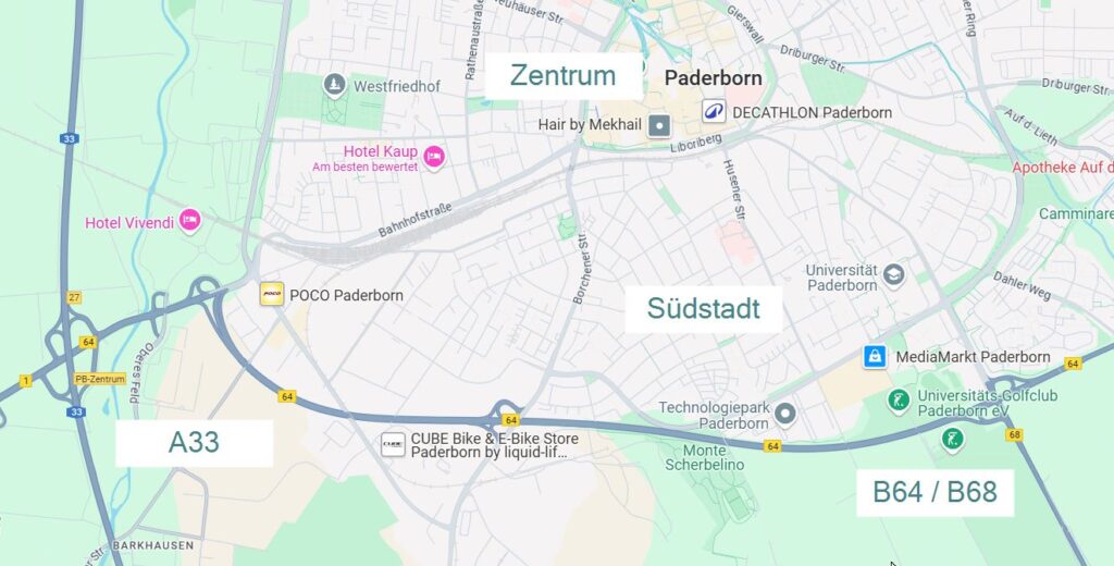 Paderborn Südstadt - Karte von der Lage der Südstadt innerhalb von Paderborn