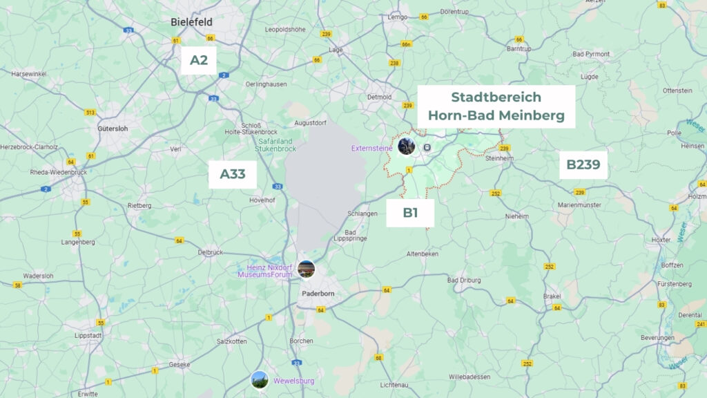 Zentral angebundene Lage Horn-Bad Meinbergs (Kreis Lippe) im Herzen von Ostwestfalen